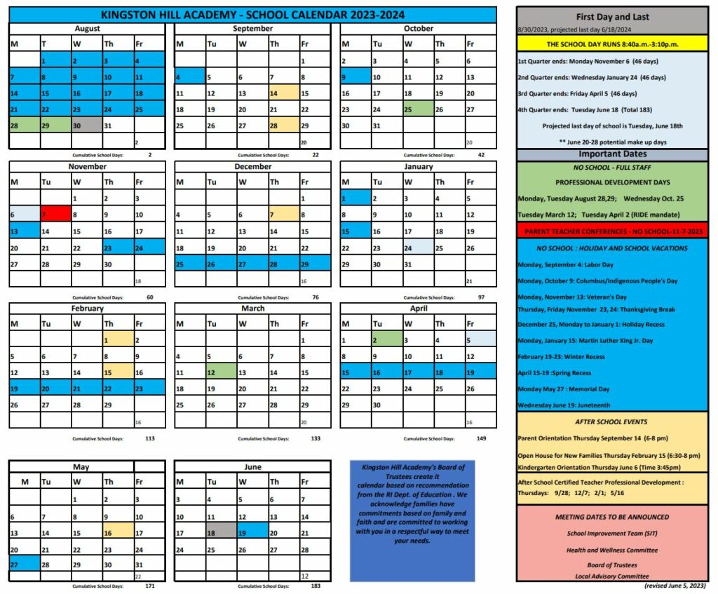 KHA Calendar Kingston Hill Academy